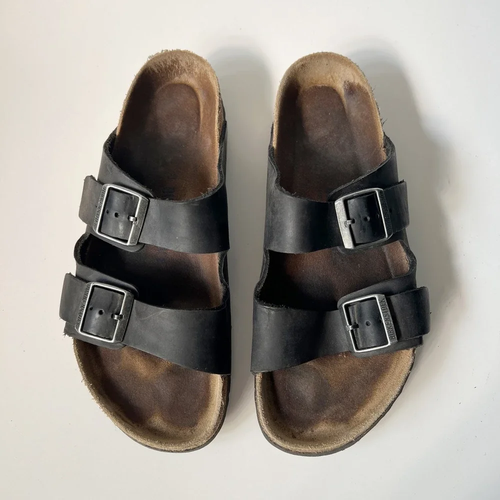 Birkenstock Arizona Sandals 43 Black Oiled Leather Soft Footbed Slides Mens